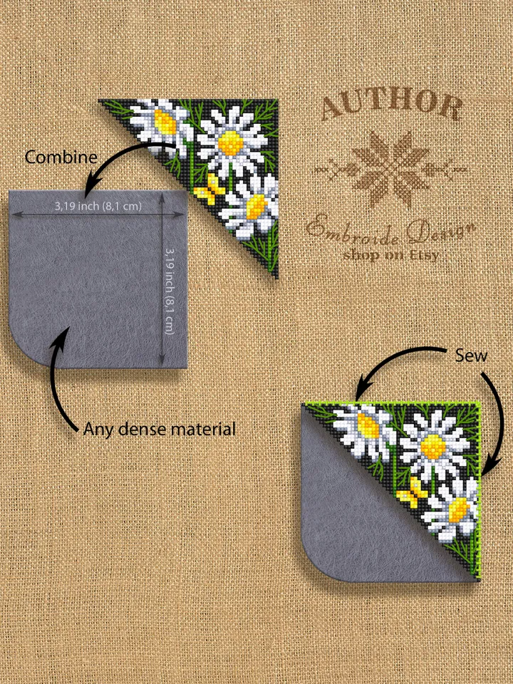 Corner bookmark chamomile cross stitch pattern PDF download Chamomile flowers cross stitch chart, Floral bookmark corner digital PDF #B205