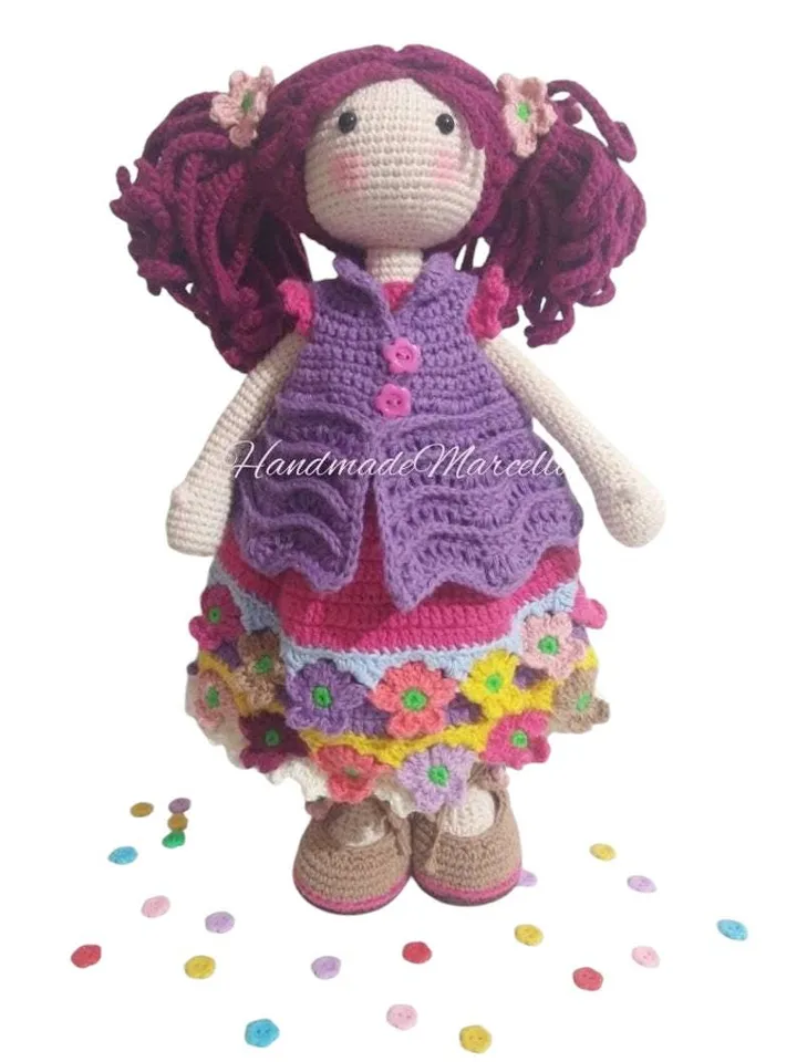 Esja Tilda Crochet Doll – 32 cm Amigurumi – Handmade Cotton Doll – Floral Dress – Collectible Gift – Valentine's Day Ready to Ship