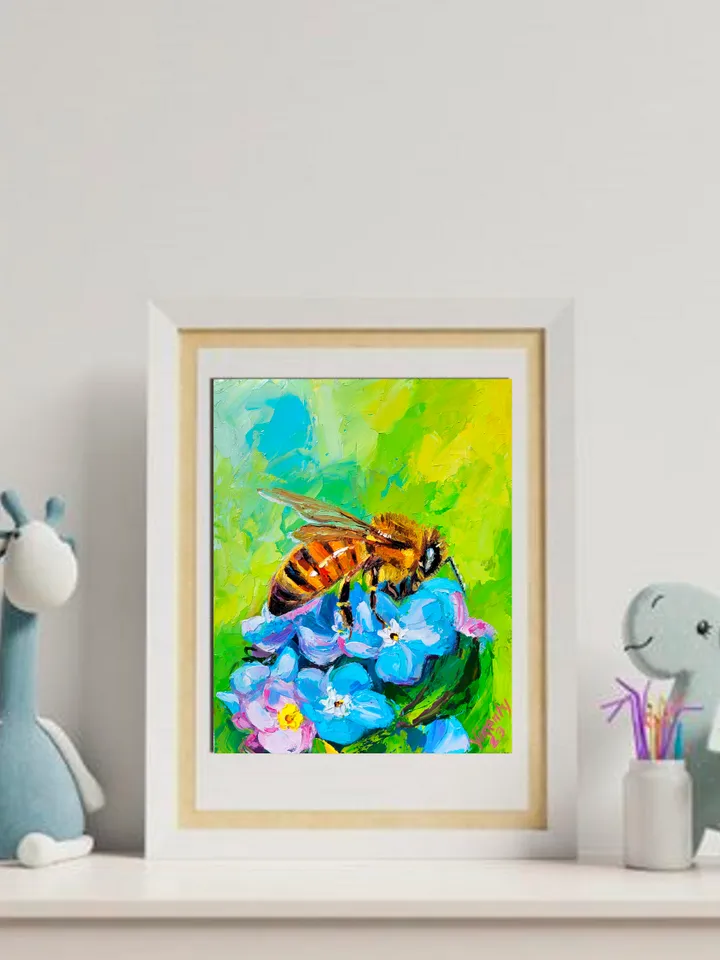 Forget Me Not Flower Honey Bee Painting Original Art Impasto Oil Painting 8x10 Birthday Gift Bee Artwork Blue Flower Wall Art by ArtFromVictoria