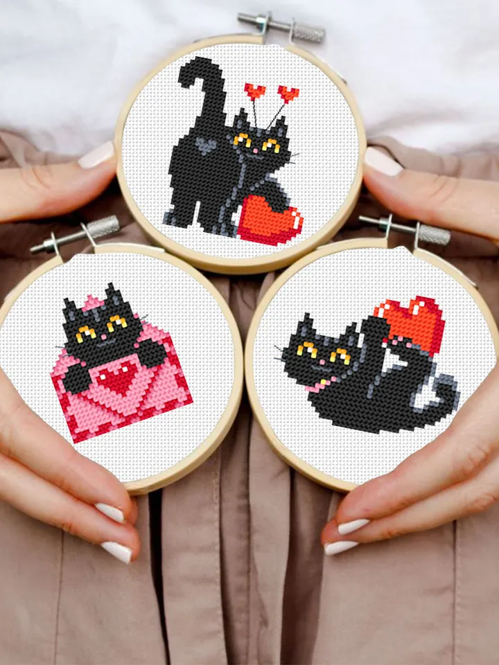 Set Cat valentines day cross stitch pattern download PDF Cute black cat cross stitch chart, Funny cat valentine cross stitch, Cat lover #T10