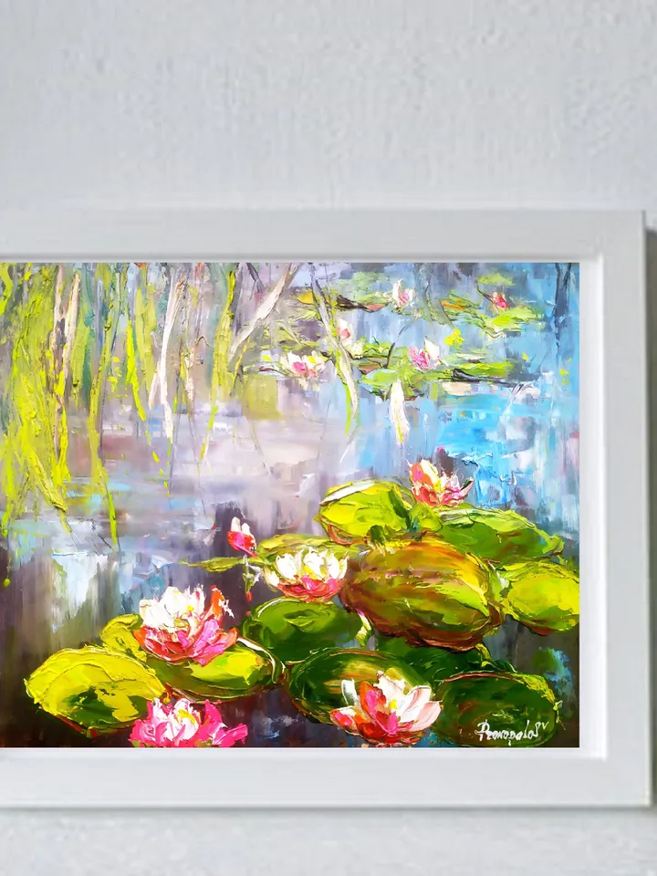 Lotus Painting Water Lily Original Art Impasto Flower Painting Floral Oil Artwork 10 by 12 inches by ArtProkopaloSv