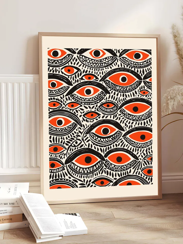 Bold Eye Wall Art, Psychedelic Eye Poster, Tribal Orange, Black Digital Print, Surreal Eye Illustration, Instant Download, crazy eyes art