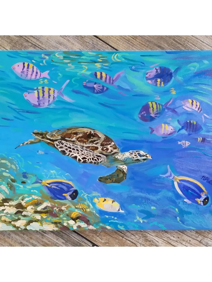 Turtle painting Tortoise Original Art 16 by 20 Fish painting on canvas art square Terrapin artwork by Natalia Plotnikova