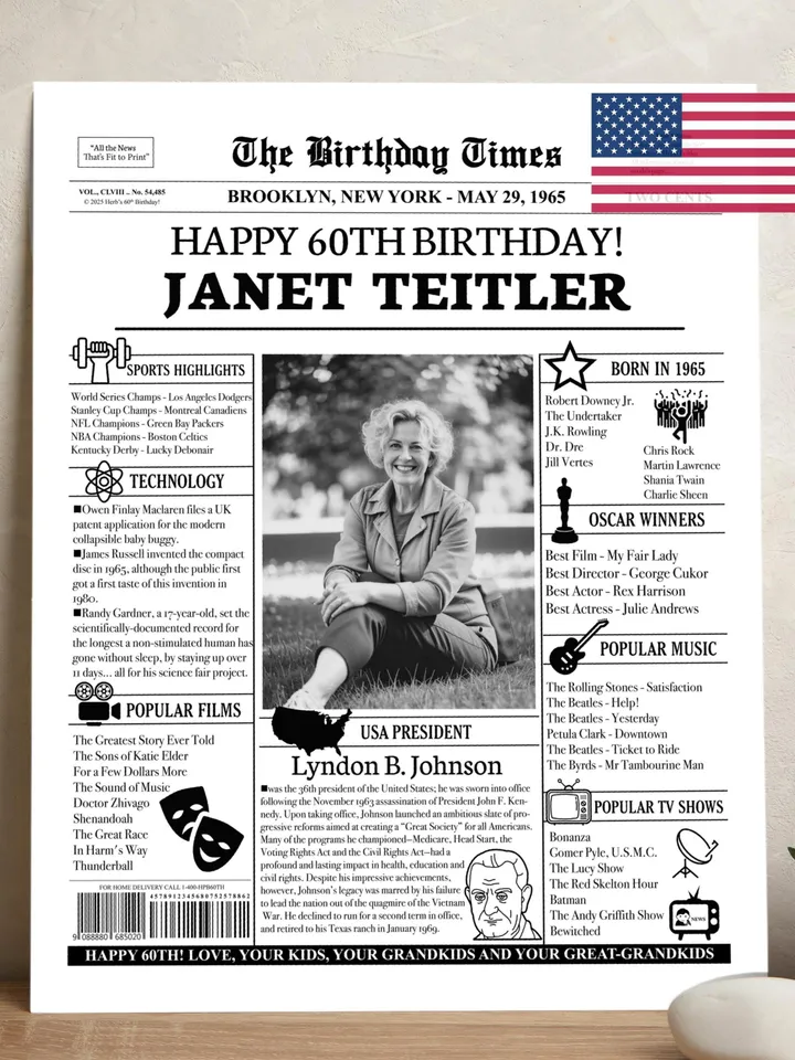 60th Birthday Newspaper Poster for Mom and Dad – Born in 1965 Sign, Back in 1965 Printable Gift, Vintage 60th Birthday Decorations