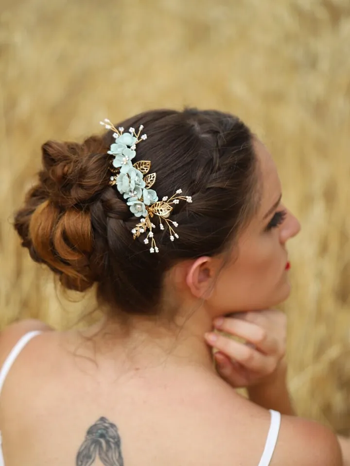 Light Blue Flowers Wedding Hair Comb, Floral Bridal Headband, Leaf Hair Comb, Hair Pins, Headpiece, Wedding Hair Accessories, Jewelry set
