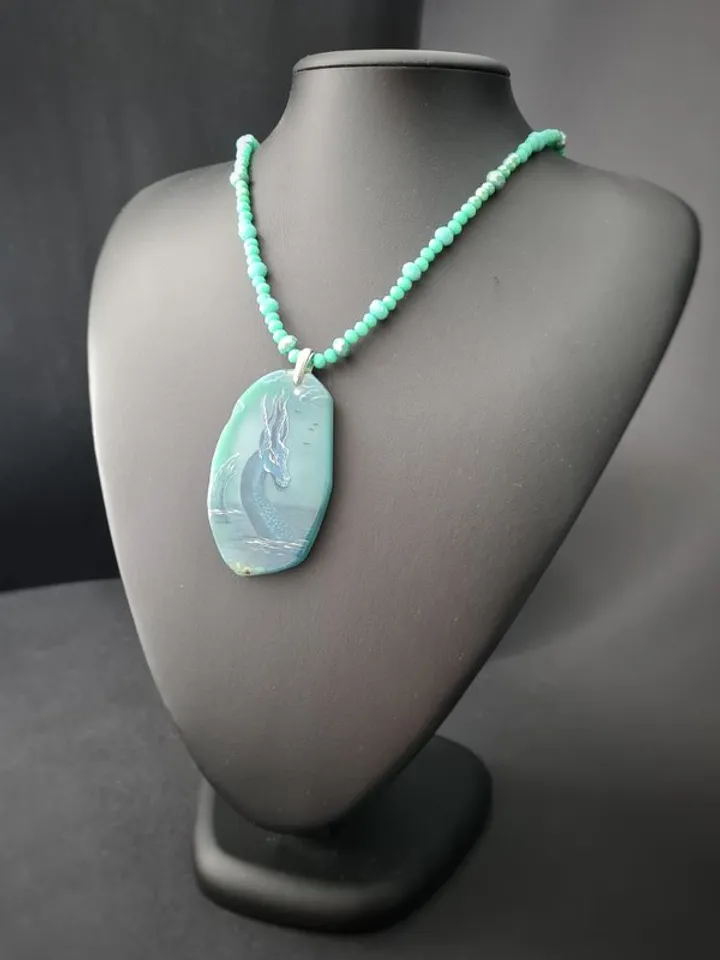 Dragon necklace Painting Dragon on Agate Stone charm Christmas Gift Wrapping