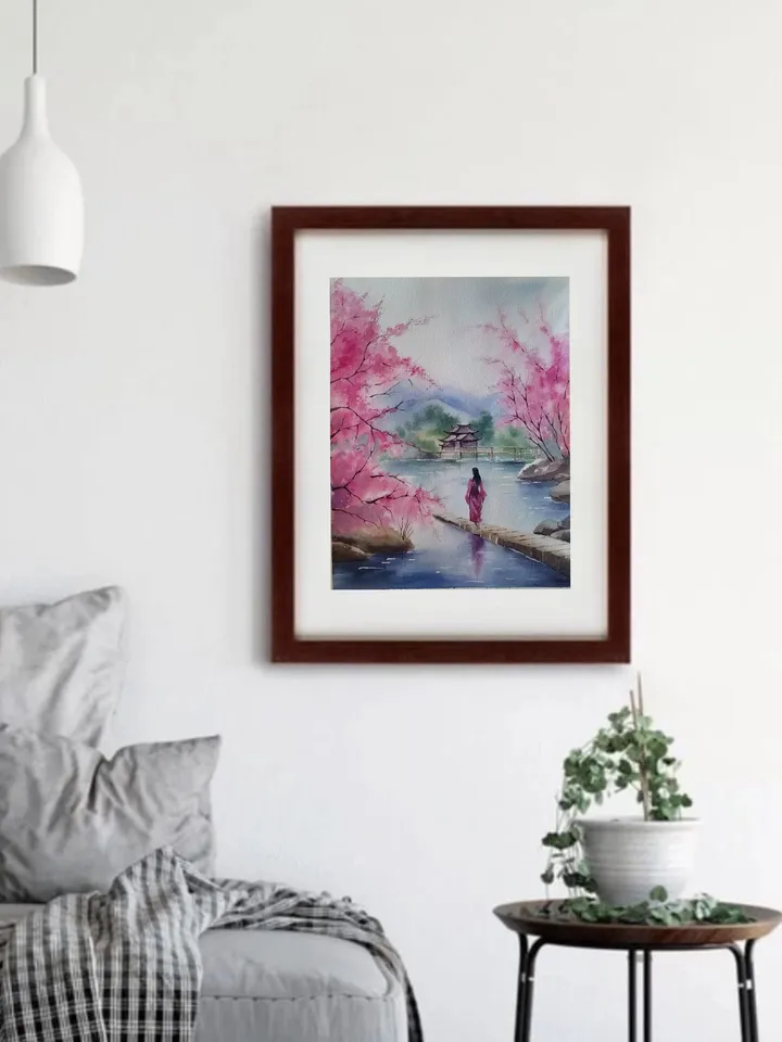 Cherry Blossoms Painting Sakura Landscape Artwork Original Watercolor Art 10.62x15.35 in by SoftWaves
