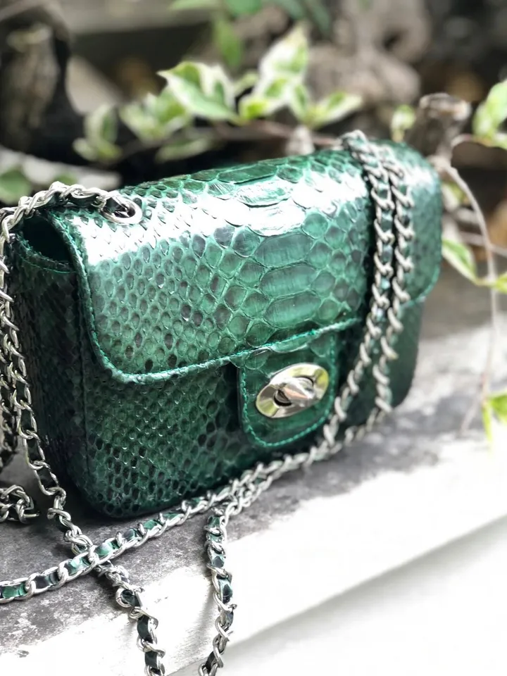 Dark green Crossbody Bag Genuine Python Skin | Adjustable Chain Classy Elegant snake Crossbody Small Lady Summer Bag | Python Purse