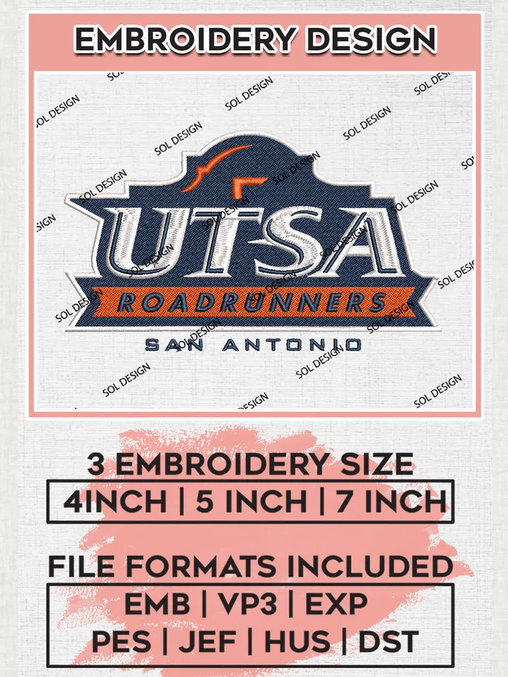 NCAA UTSA Roadrunners Team San Antonio Logo Embroidery Design Files, NCAA UTSA Roadrunners Machine Embroidery, NCAA Teams, 3 sizes, NCAA Machine embroidery designs, Digital Download