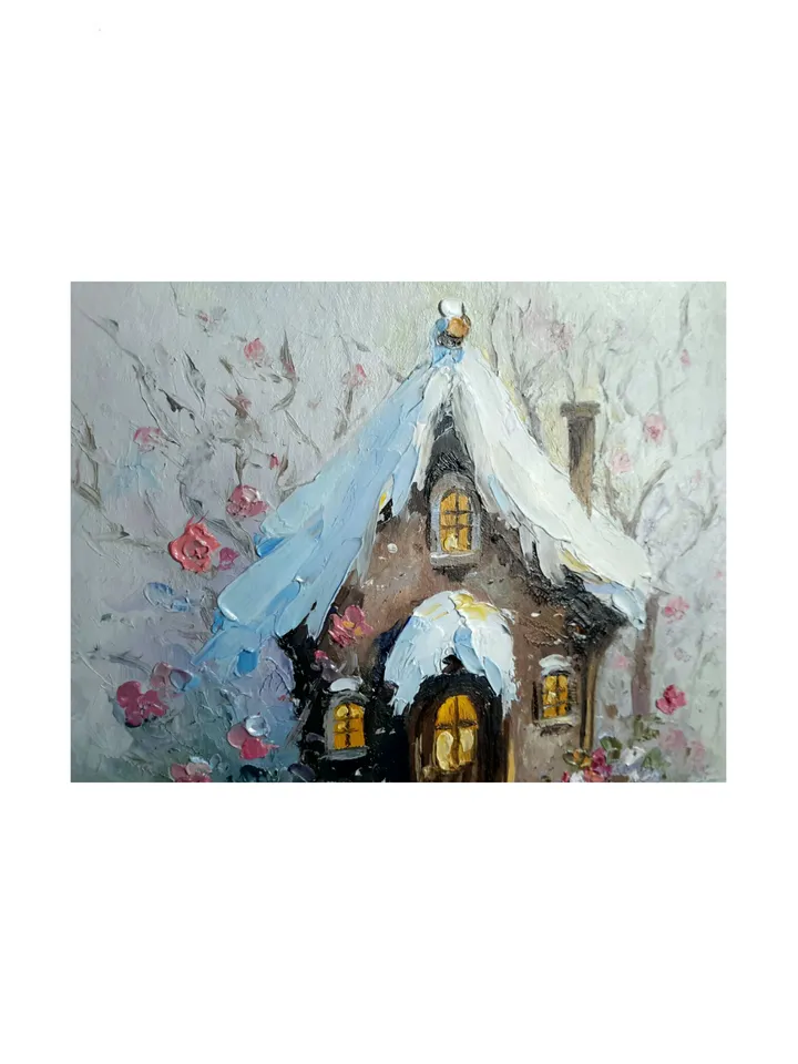 Winter Fantasy House Original Oil Fairy-tale Painting a Cute Christmas Gift.