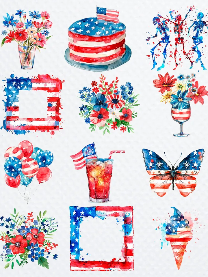4th Of July Independence USA America Day Watercolor Clipart Bundle of 100 png Transparent Background, PNG for sublimation