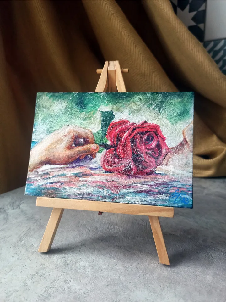 Miniature painting with a red rose in water, Relaxation, Original acrylic painting on cardboard with canvas 10x15cm