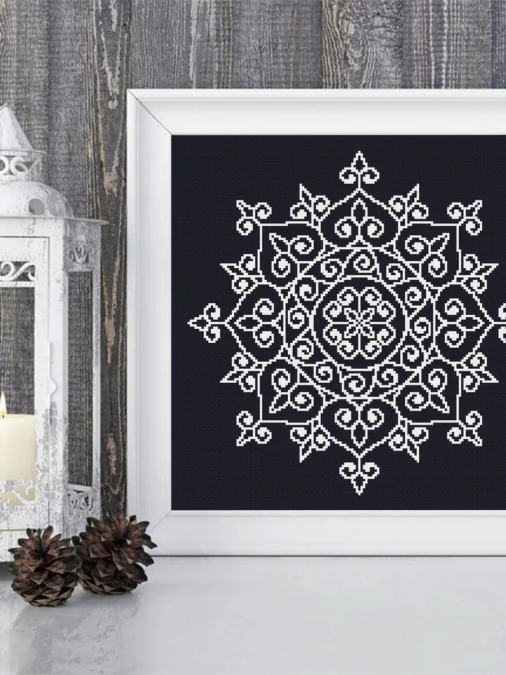 Easy mandala cross stitch pattern download PDF Monochrome floral ornament cross stitch chart, Mandala embroidery beginner, Home decor #M34