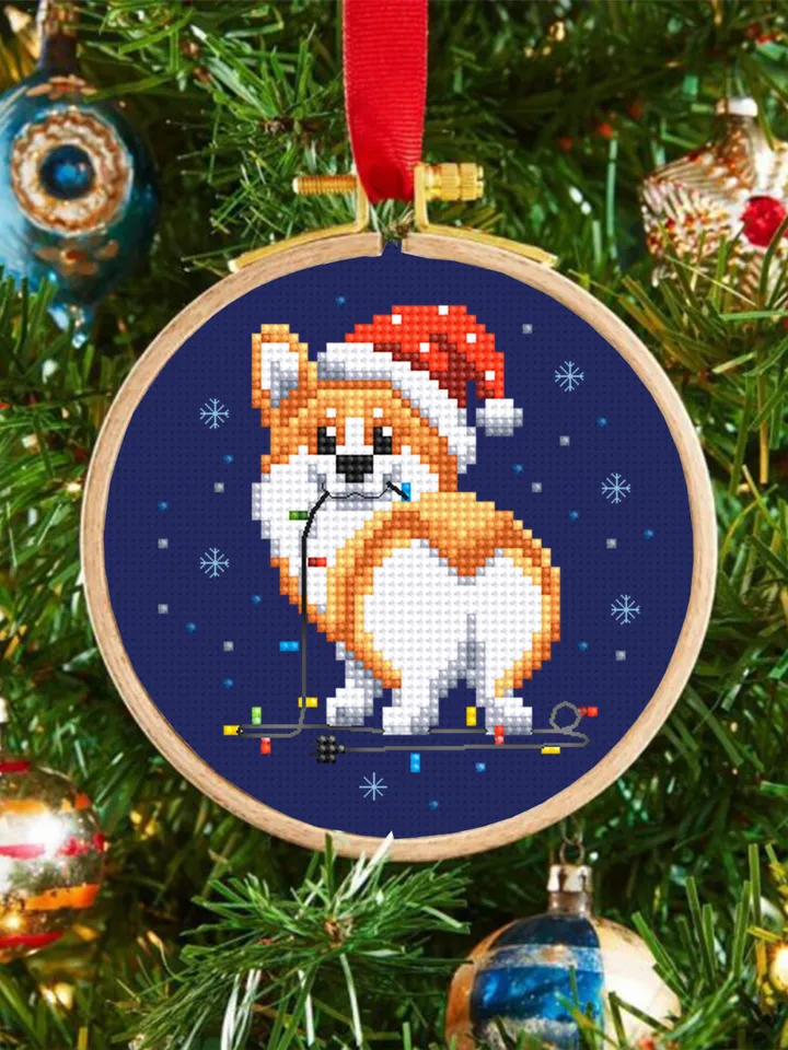 Corgi Christmas cross stitch pattern PDF download Set Christmas dog cross stitch chart, Small christmas ornament digital pattern #N105