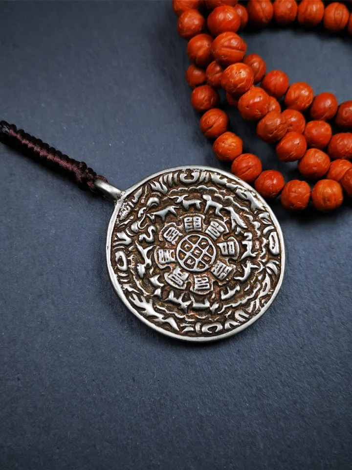 Gandhanra Acient Tibetan Buddhist Amulet,Kirtimukha Melong,Calendar Badge,SIPAHO(srid pa ho),Made of White Copper,1.7&quot;