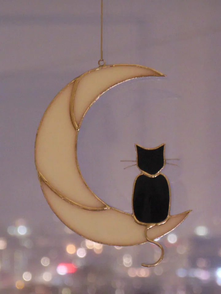 Black Cat On The Moon . Art stained glass window hanging Suncatcher . Gift for animal lover , pet loss memorial . White and black