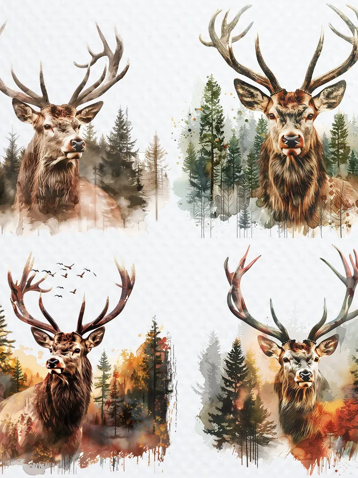 20 Red Deer in Forest PNG Clipart, Watercolor Deer PNG sublimation, Digital download, High resolution, Paper crafts, junk journal