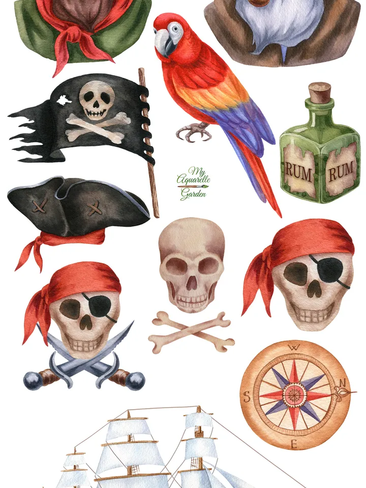 Pirates. Printable Birthday Party Decorations, Treasure Island, Adventure, Watercolor, Playroom, Kids room, Instant download