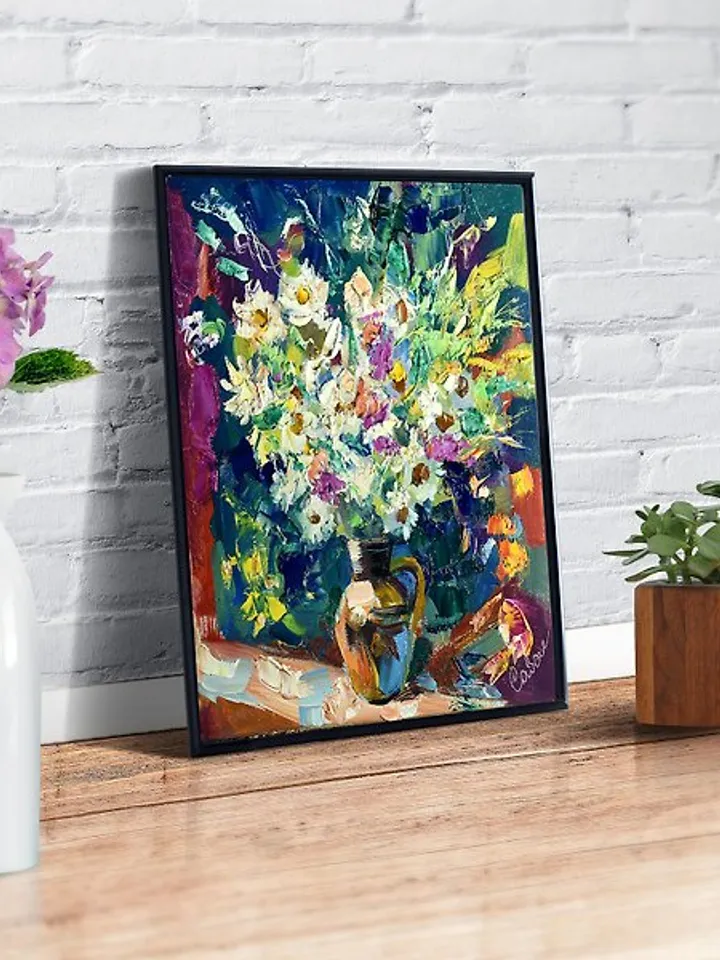 Daisy Painting Flower Original Art Bouquet Artwork Impasto Floral Impressionism