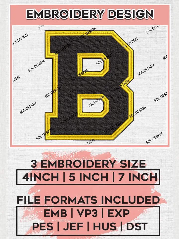 Boston Bruins Hockey Team B Letter Logo Embroidery Design, NHL Boston Bruins Logo Embroidery Files, Hockey Team Machine Embroidery, Machine Embroidery Design