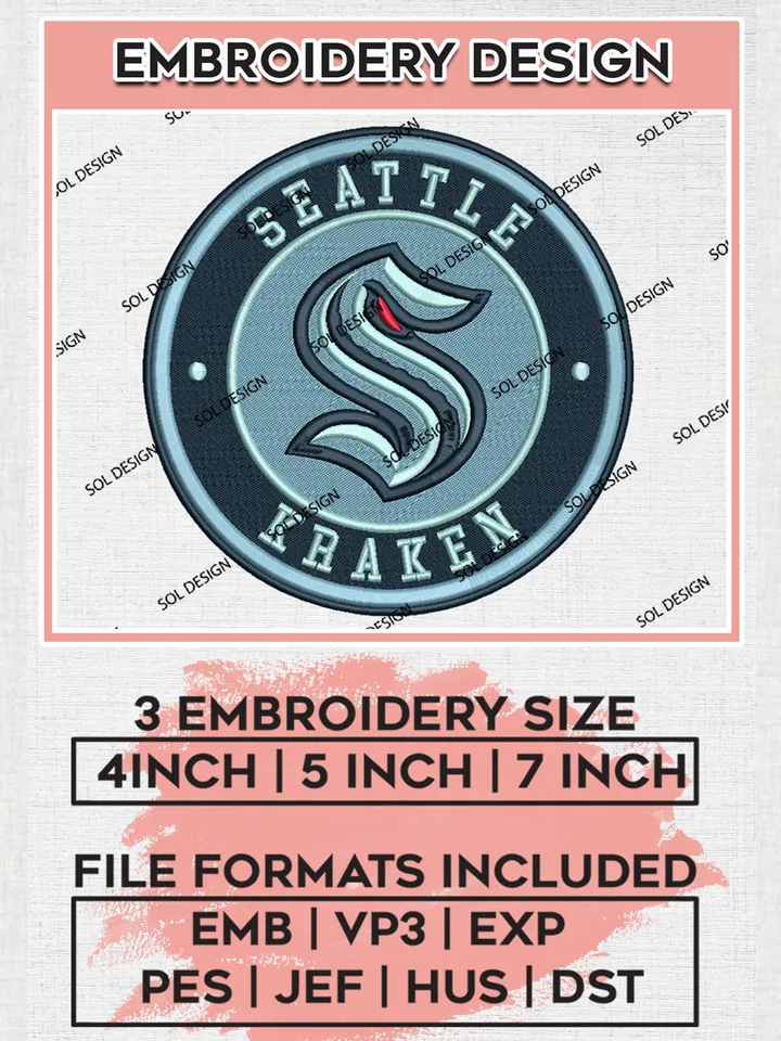 Seattle Kraken Circle Logo Machine Embroidery Files, NHL Seattle Kraken Embroidery Designs, NHL Bruins Logo, NHL Embroidery Designs, Digital Download