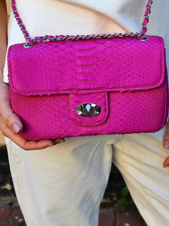 Genuine python skin midi crossbody bag fuchsia colour, summer bright chain crossbody, elegant classy crossbody bag genuine leather summer