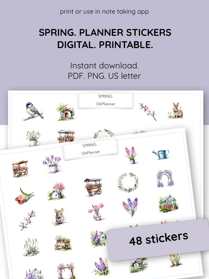 Spring Sticker pack for Digital Planners, Calendars, Postcards, Scrapbooks. Watercolor Spring-inspired sticker set