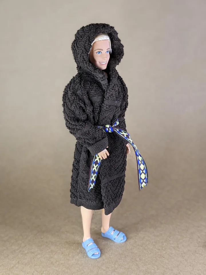 Brown terry bathrobe with a hood for 12 inch fashion male doll