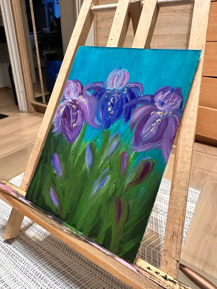 Oil Painting Irises Abstraction Flowers 3D Image of Nature Wall Decor Miniature Cardboard 7x5 inches 18x12 cm New without Frame