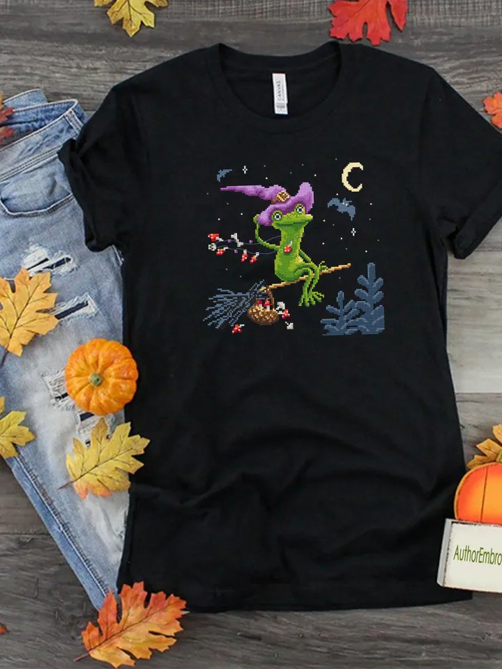Halloween witch frog cross stitch pattern PDF download Halloween cross stitch chart Cute frog pattern digital PDF Funny frog embroidery #H73