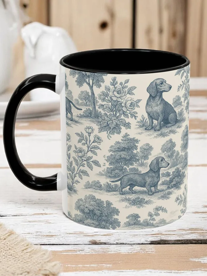 Dachshund French Toile de Jouy Mug, Blue Toile Coffee Cup for Doxie Mom, Sausage Dog Lover Gifts, Dog Tea Drinkware, Gift For Dog Lovers