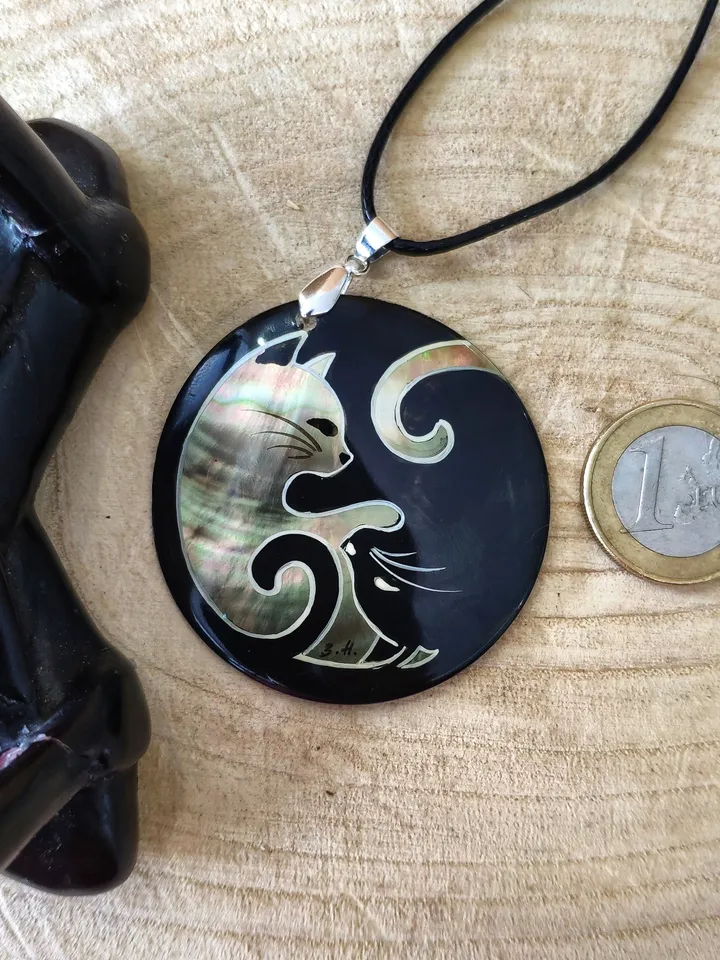 Pearl pendant necklace: Yin & Yang of black and white cat • Elegant symbolism on pendant for evening dress • Aesthetic gift for cat lover
