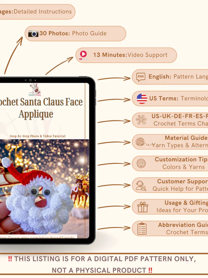 Crochet Santa Claus Face Applique - Crochet Xmas Tree Decor - Beginner-Friendly Crochet Santa Claus Pattern