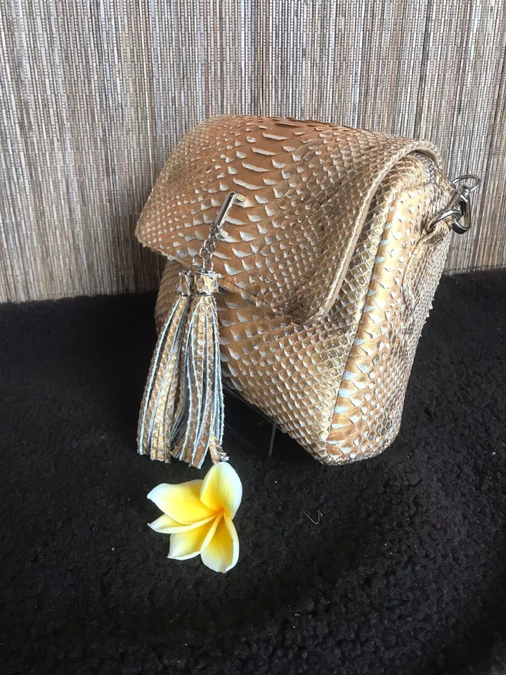 Genuine Python Skin Crossbody Bag | Chain Tassel beige gold bag | Leather Woman Free Shipping Handmade Summer purse | exotic leather bag