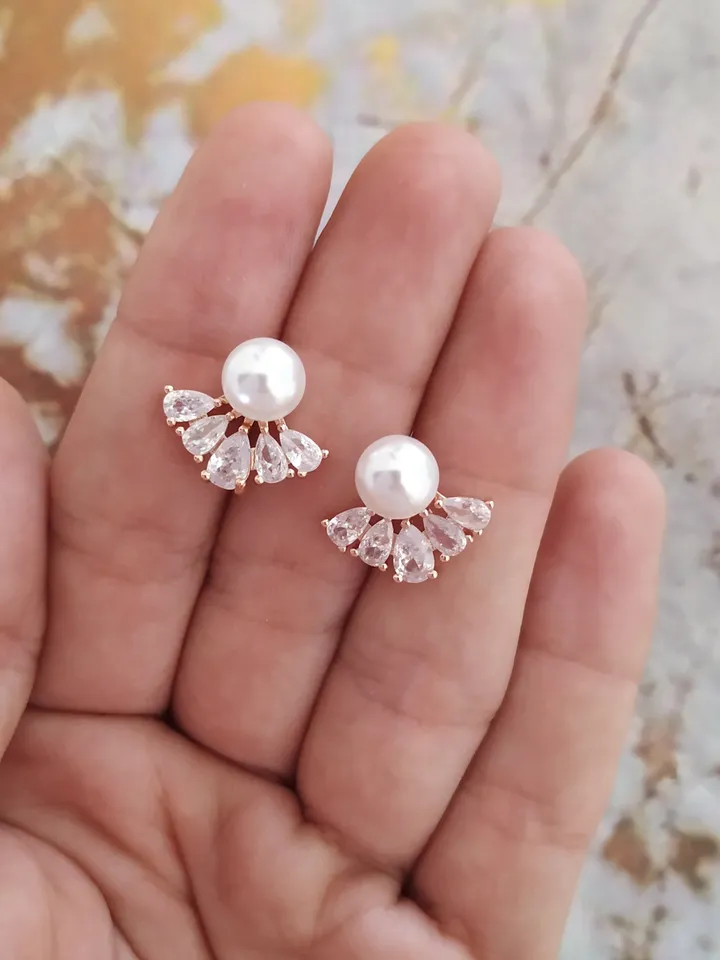 Diamond Stud Wedding Earrings, Pearl Bridal Earrings
