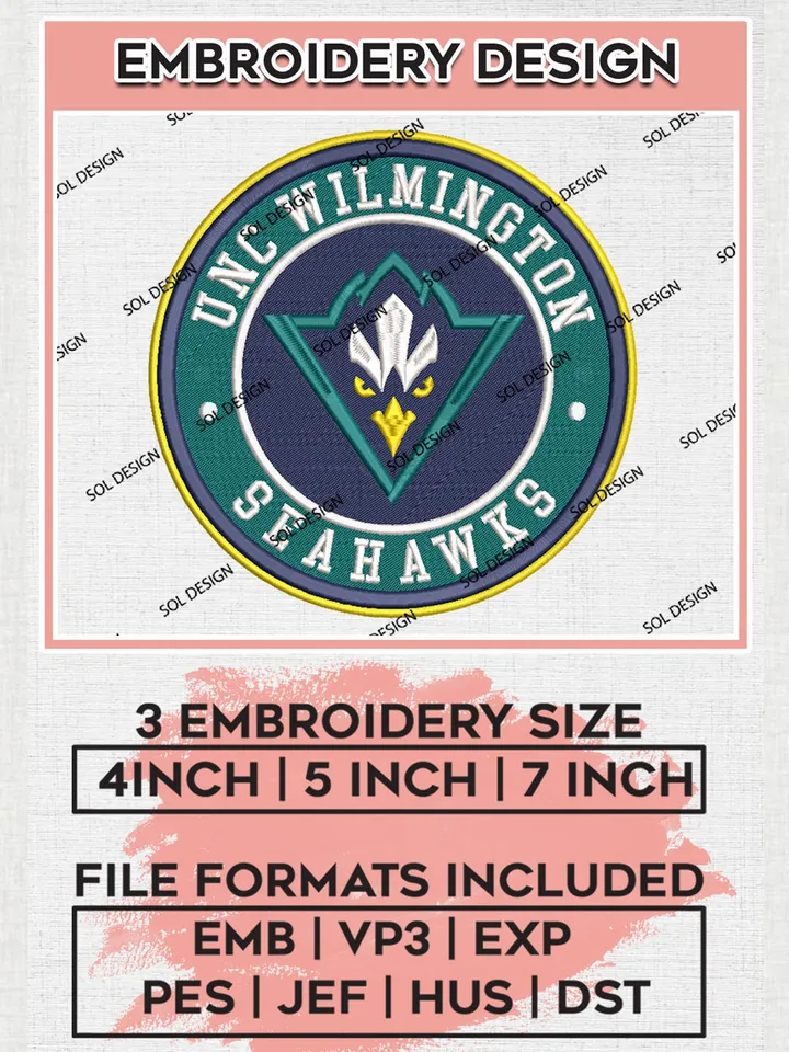 NCAA UNC Wilmington Seahawks Round Logo Embroidery, NCAA UNC Wilmington Seahawks Logo Embroidery files, NCAA Teams, Machine embroidery designs, Digital Download