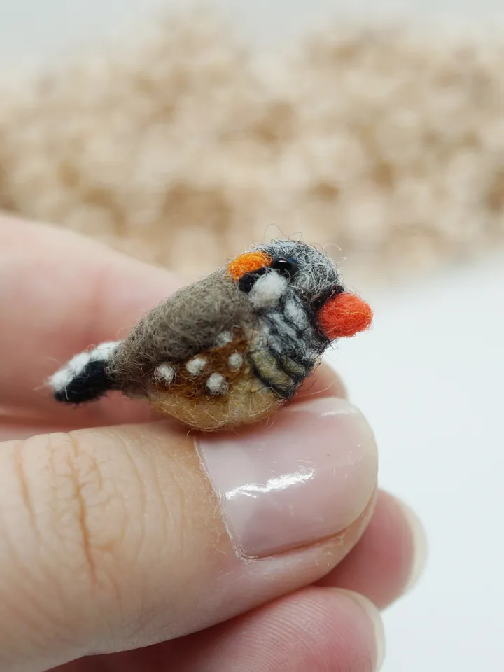 Miniature needle felted zebra finch, tiny bird, made to order