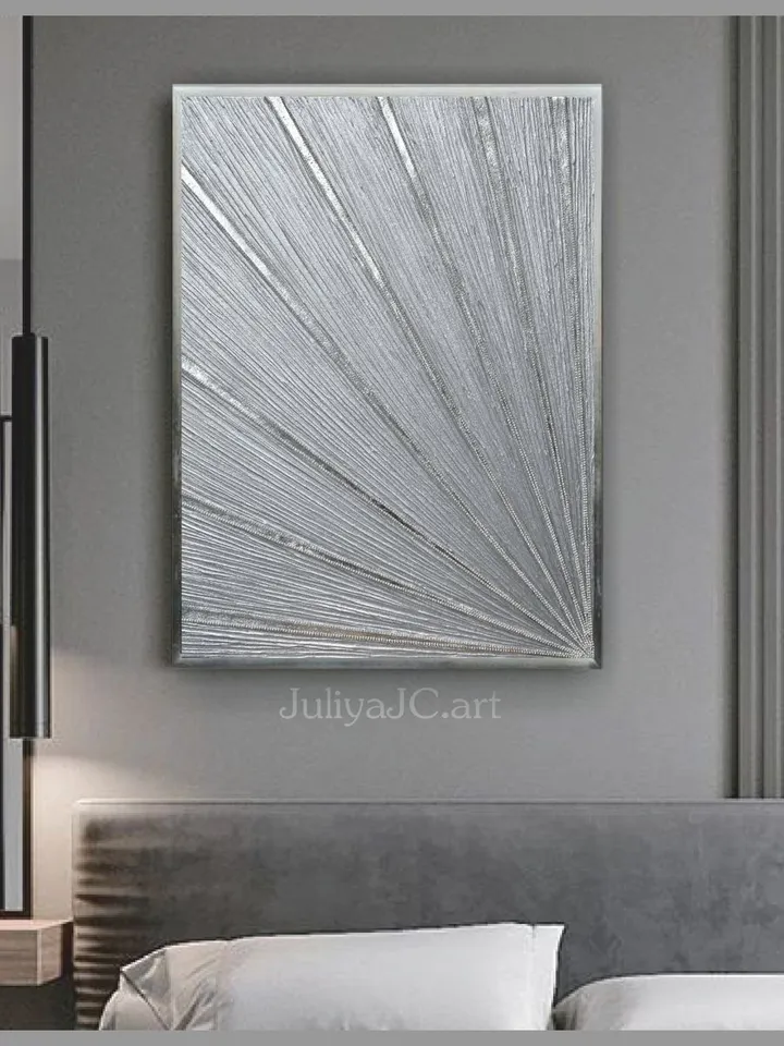 Glittery Silver Painting Textured artwork Abstract Wall Art with crystals Silver wall decor by Juliya JC