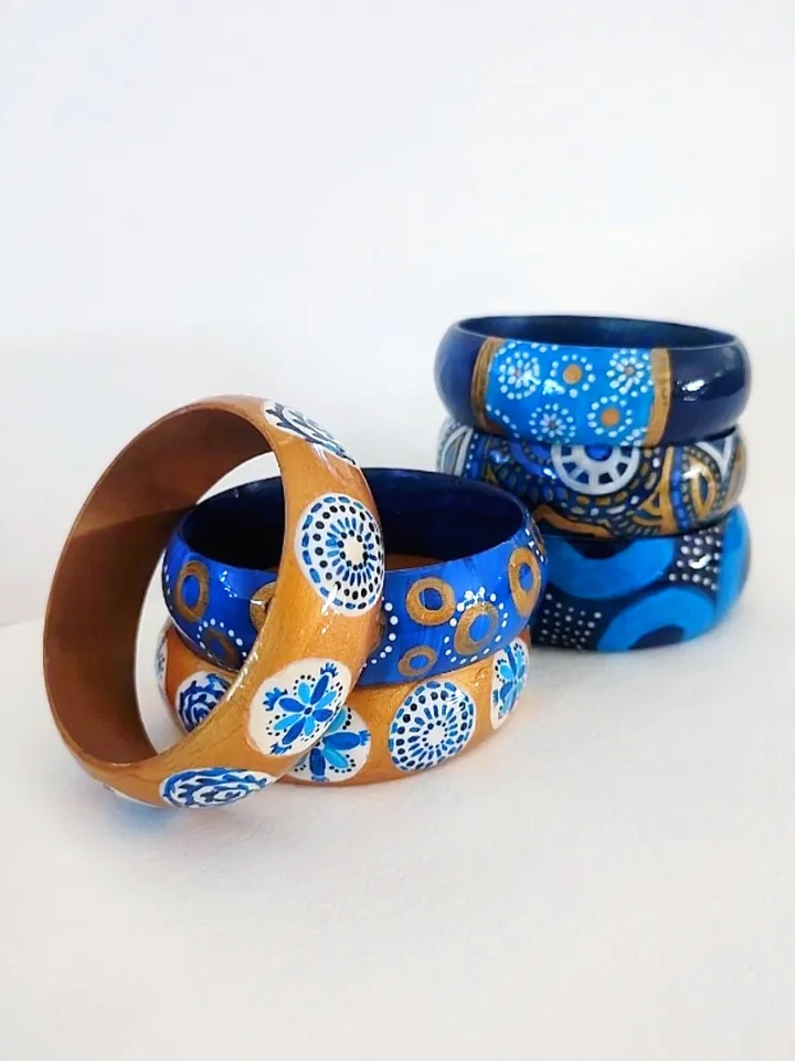 Jewelry Set Hand-painted Boho Style Eclectic Blue Bracelets and Beads