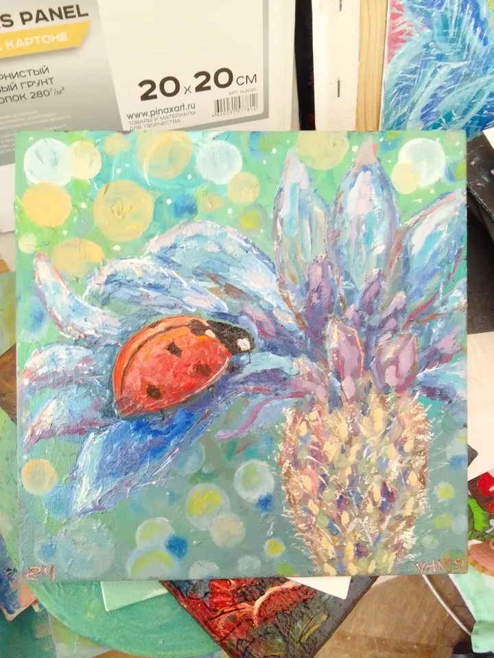 Painting flowers with a Ladybug oil on canvas