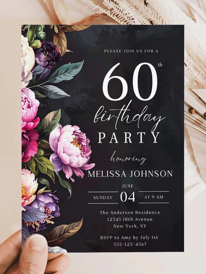 60th Birthday Invitation for women – Moody Burgundy & Blush Peony Floral Invitation, Elegant Dark Men Birthday Party Invite Canva Template