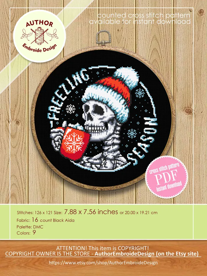 Skeleton Christmas cross stitch pattern PDF download Gothic Christmas pattern digital PDF, Skull cross stitch chart, Freezing season #N109