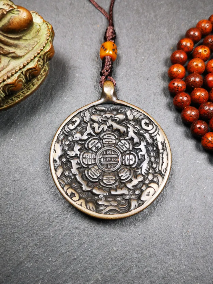 Gandhanra Antique SIPAHO(srid pa ho) Amulet, Tibetan Buddhist Astrology Calendar Badge,12 zodiac Melong Mirror, Jiugong Bagua,30 Years Old