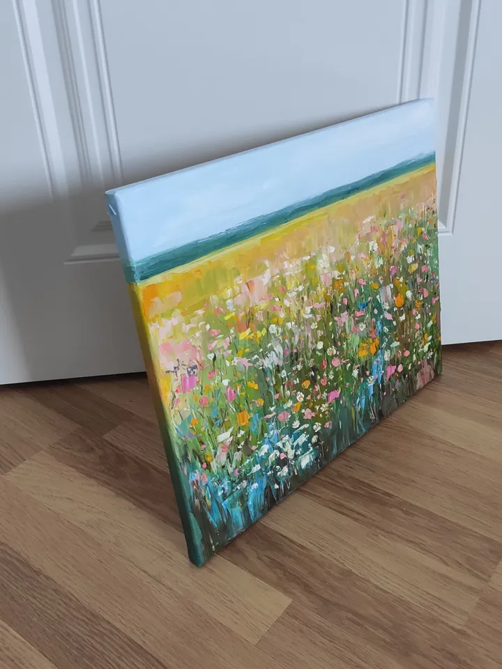 Oil painting abstract landscape with wildflowers.