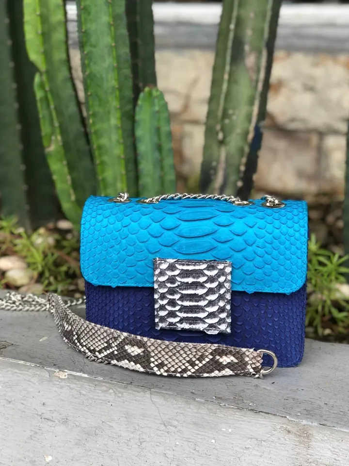 Small Blue Genuine Python Skin Crossbody Bag | Designer Leather Bag | Evening Chain bag | Exotic Leather Bag | Woman Evening Bag Light Blue