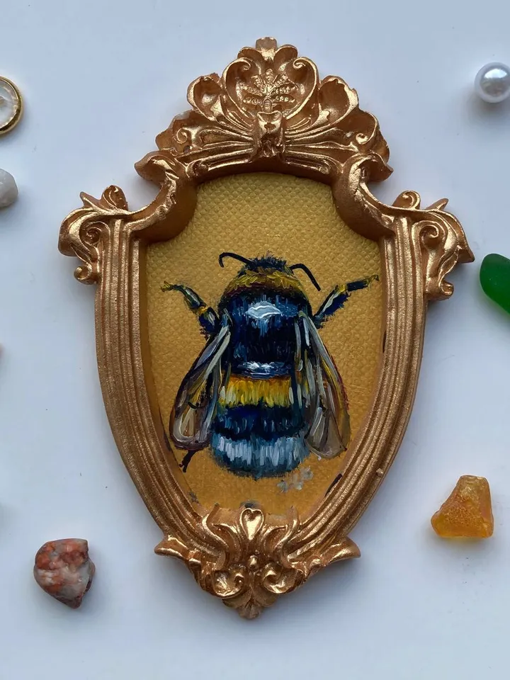 Framed Bumblebee Oil Painting Original Entomology Art Bee Painting Victorian