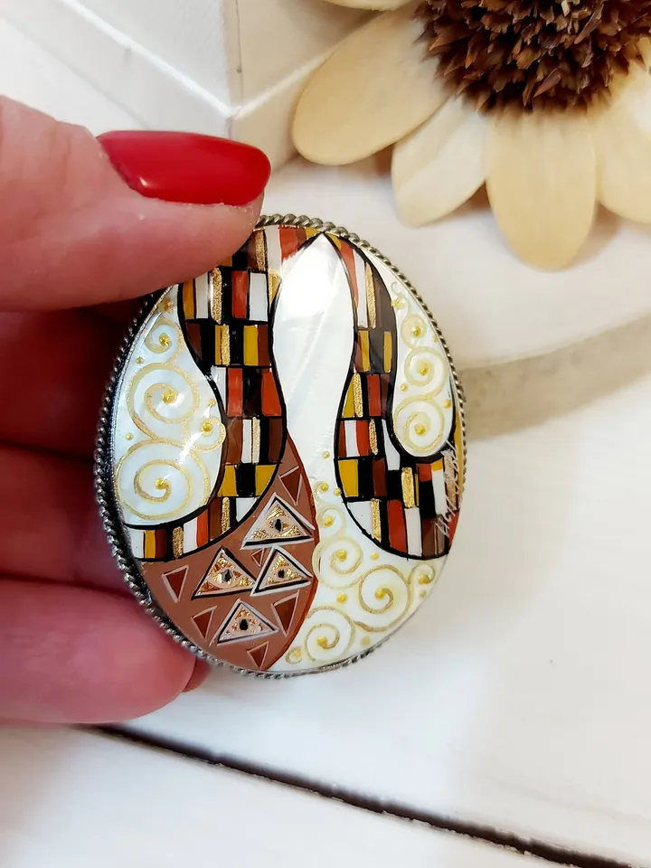 Brooches for women: Art inspired abstract mother of pearl brooch, shell jewelry originally hand-painted in Gustav Klimt's Art Nouvau style