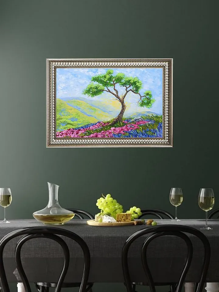 Cypress Tree Painting Lavender Original Art Landscape Artwork Oil Painting