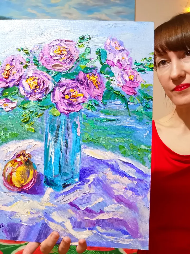 Pomegranate Glass Vase Flowers Pink Roses Impasto Oil Painting Original Artist Svinar Oksana
