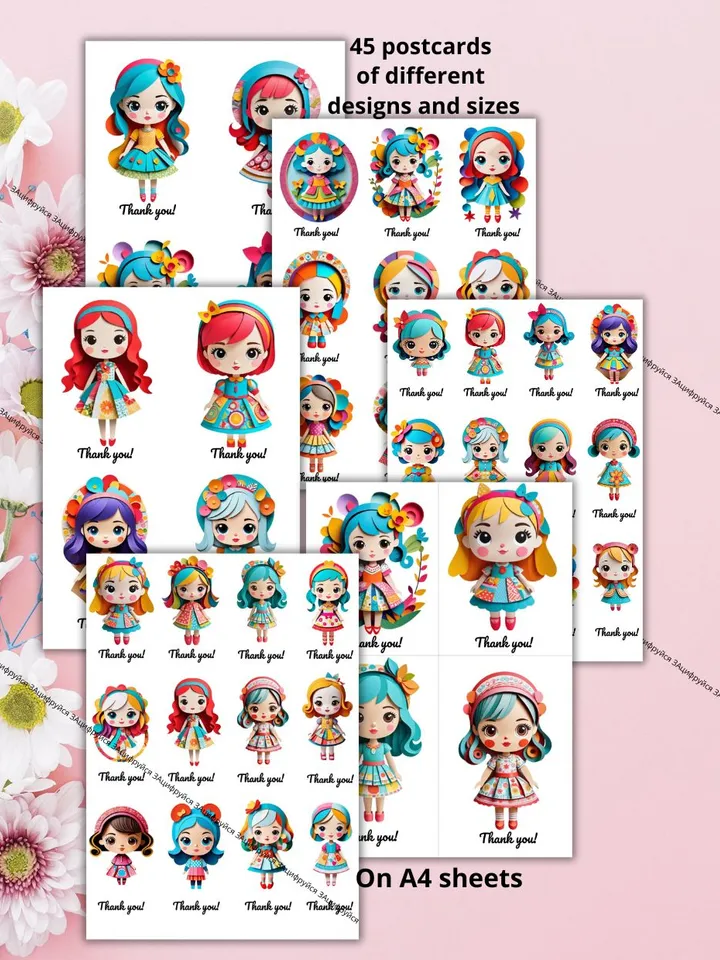 Mini postcards/tags with the image of dolls "Thank you"